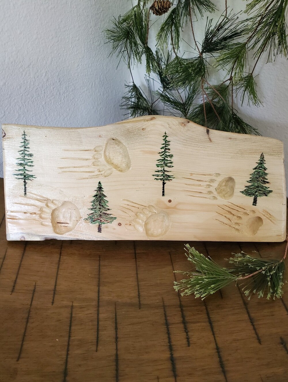 Oksa Kyr Handmade Pine Tree Bear Track Shelf Sitter Lake Superior Driftwood Art